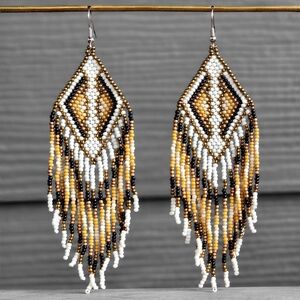 Neutral Boho Fringe Beaded Earrings Handmade Jewelry Boheme